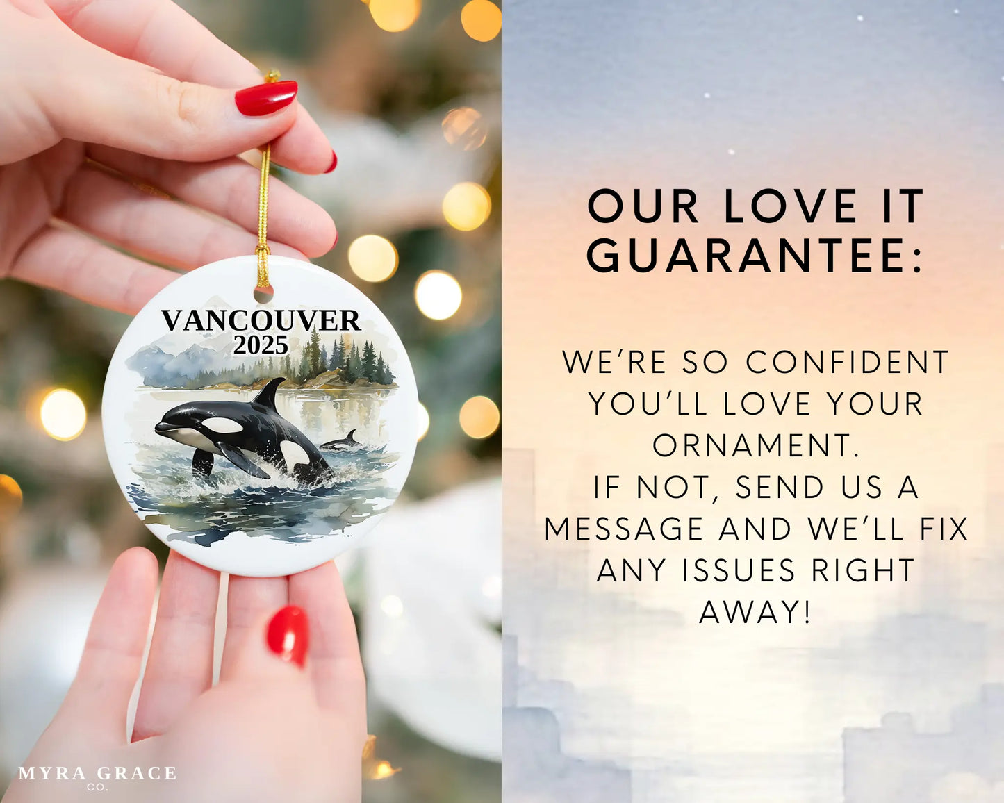 Custom Vancouver Canada Orca ceramic photo ornament with personalized message – handmade Christmas bauble, gift souvenir, or vacation keepsake. Love it guarantee