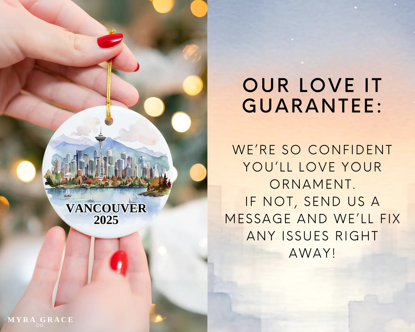 Custom Vancouver ceramic photo ornament with personalized message – handmade Christmas bauble, gift souvenir, or vacation keepsake. Love it guarantee