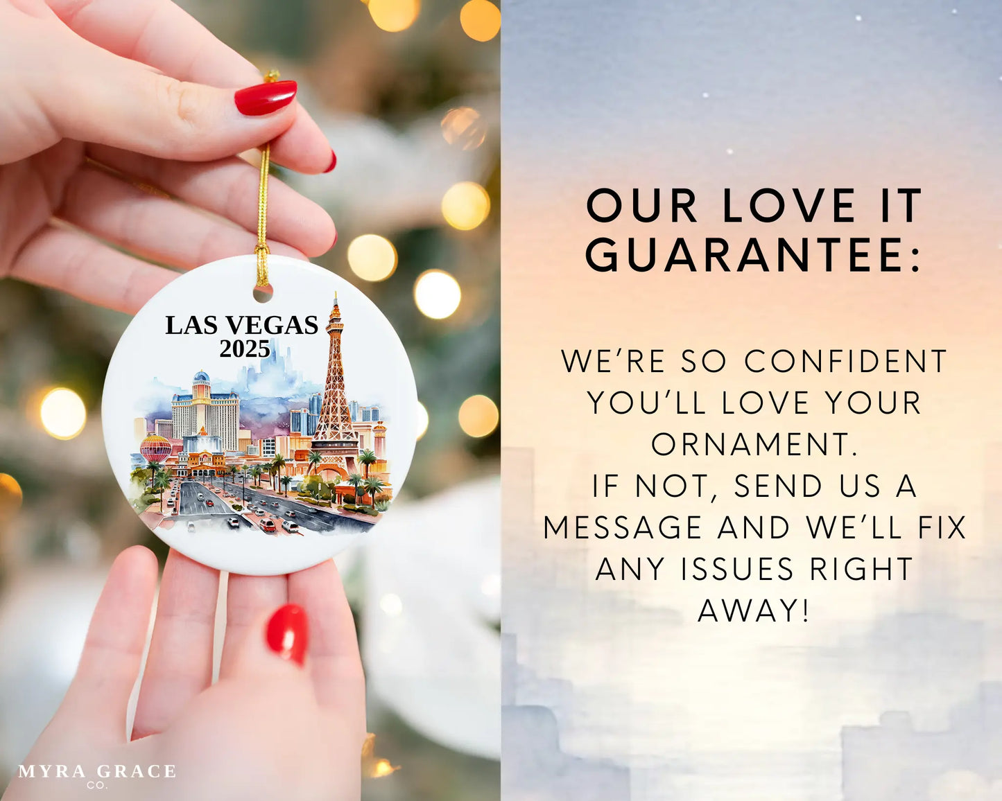 Custom Las Vegas Nevada ceramic photo ornament with personalized message – handmade Christmas bauble, gift souvenir, or vacation keepsake.  Love it guarantee