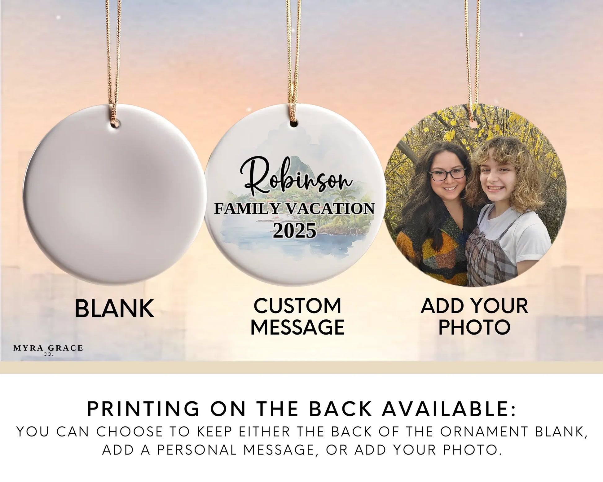 Custom vacation Saint Lucia ceramic photo ornament with personalized message – handmade Christmas bauble, gift souvenir, or vacation keepsake. Add your photo