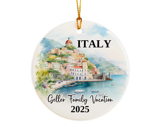 Custom vacation Italy Amalfi Coast ceramic photo ornament with personalized message – handmade Christmas bauble, gift souvenir, or vacation keepsake. 