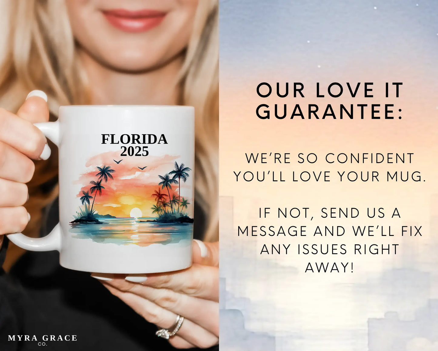Custom ceramic Florida vacation mug with watercolor location design, date, and personal photo – personalized travel gift or photo mug. Love it guarantee