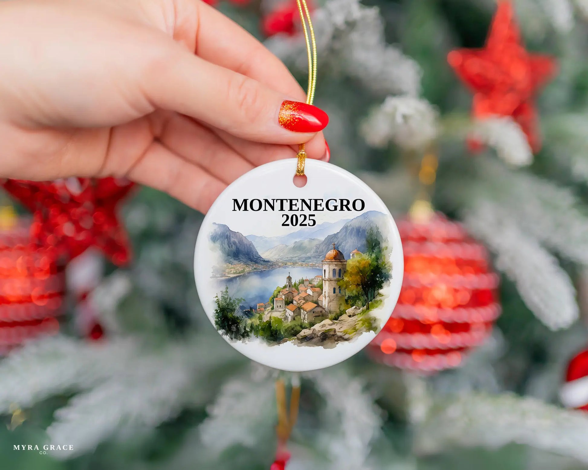 Custom Montenegro ceramic photo ornament with personalized message – handmade Christmas bauble, gift souvenir, or vacation keepsake.  