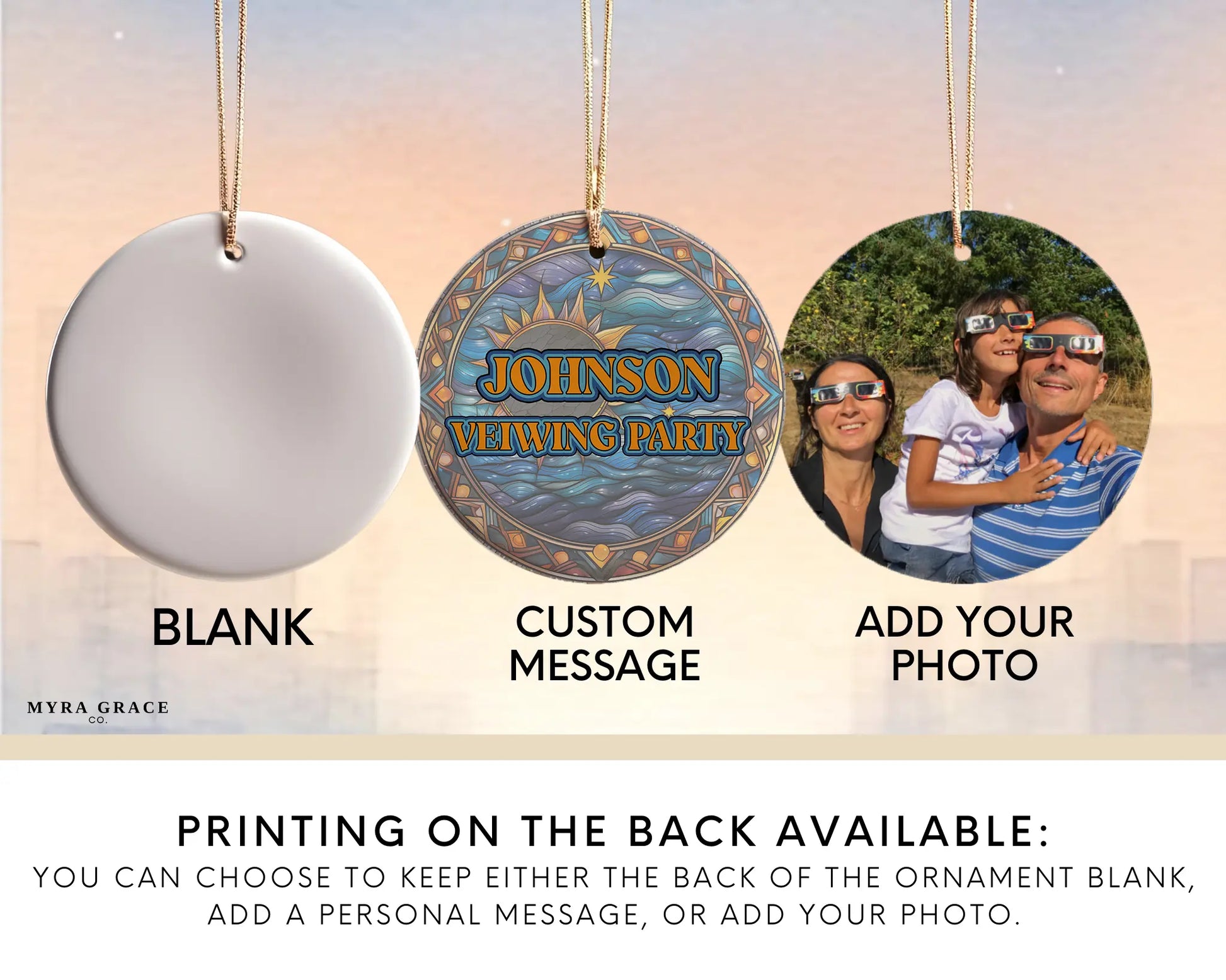 Ceramic solar eclipse 2024 ornament with celestial design – space-themed gift or keepsake. Add your photo