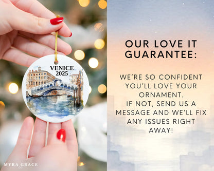 Custom Venice Italy ceramic photo ornament with personalized message – handmade Christmas bauble, gift souvenir, or vacation keepsake. Love it guarantee