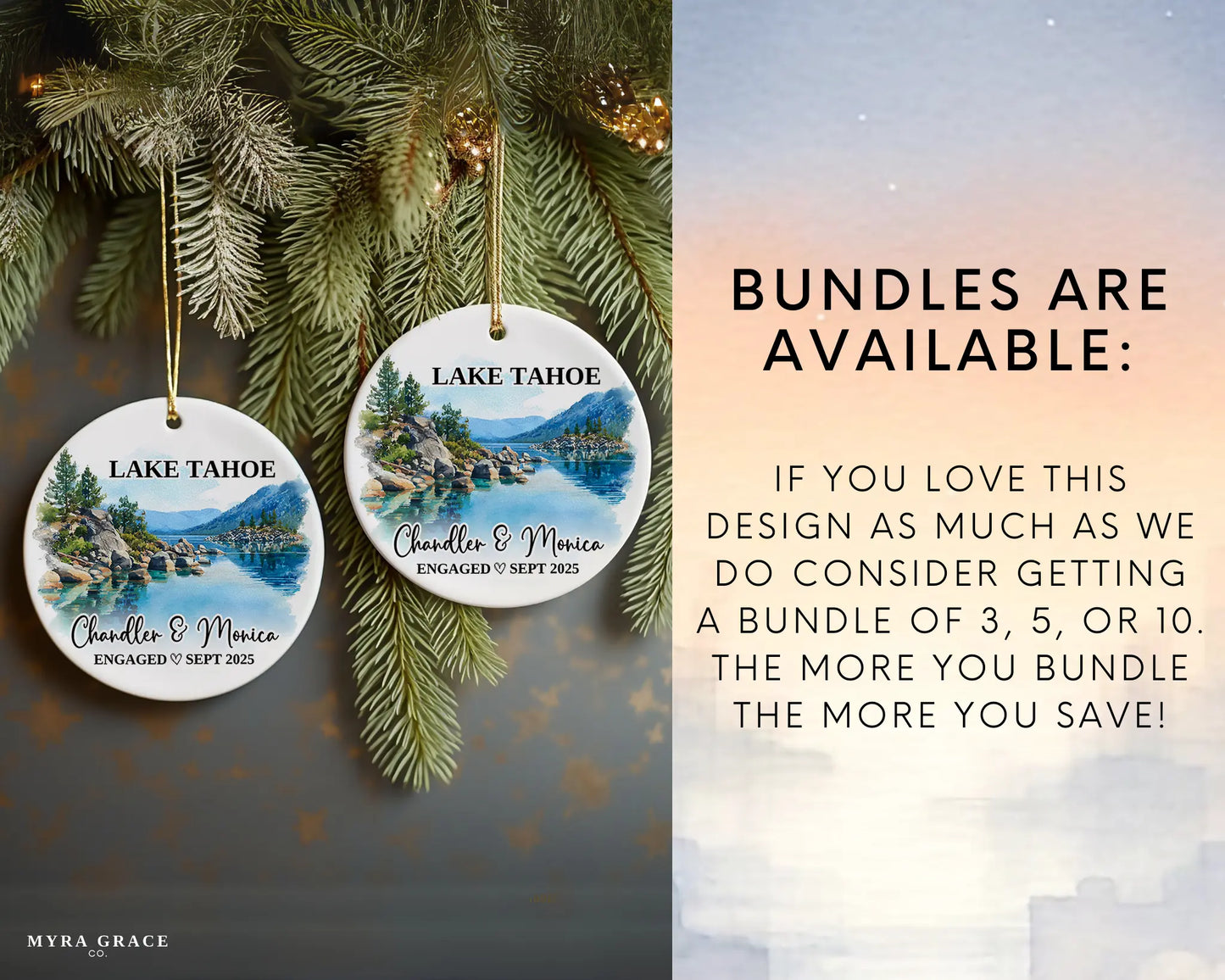 Lake Tahoe Engagement Ornament Custom Gift Souvenir Bauble Present. Bundles are available