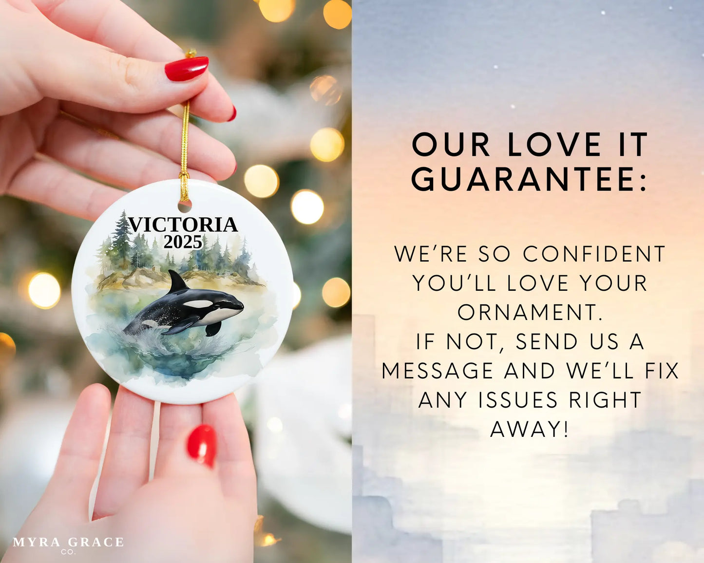 Custom Victoria Canada ceramic photo ornament with personalized message – handmade Christmas bauble, gift souvenir, or vacation keepsake. Love it guarantee
