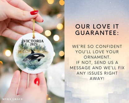 Custom Victoria Canada ceramic photo ornament with personalized message – handmade Christmas bauble, gift souvenir, or vacation keepsake. Love it guarantee