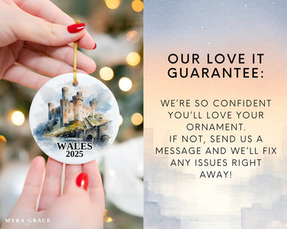 Custom Wales Cymru ceramic photo ornament with personalized message – handmade Christmas bauble, gift souvenir, or vacation keepsake. Love it guarantee