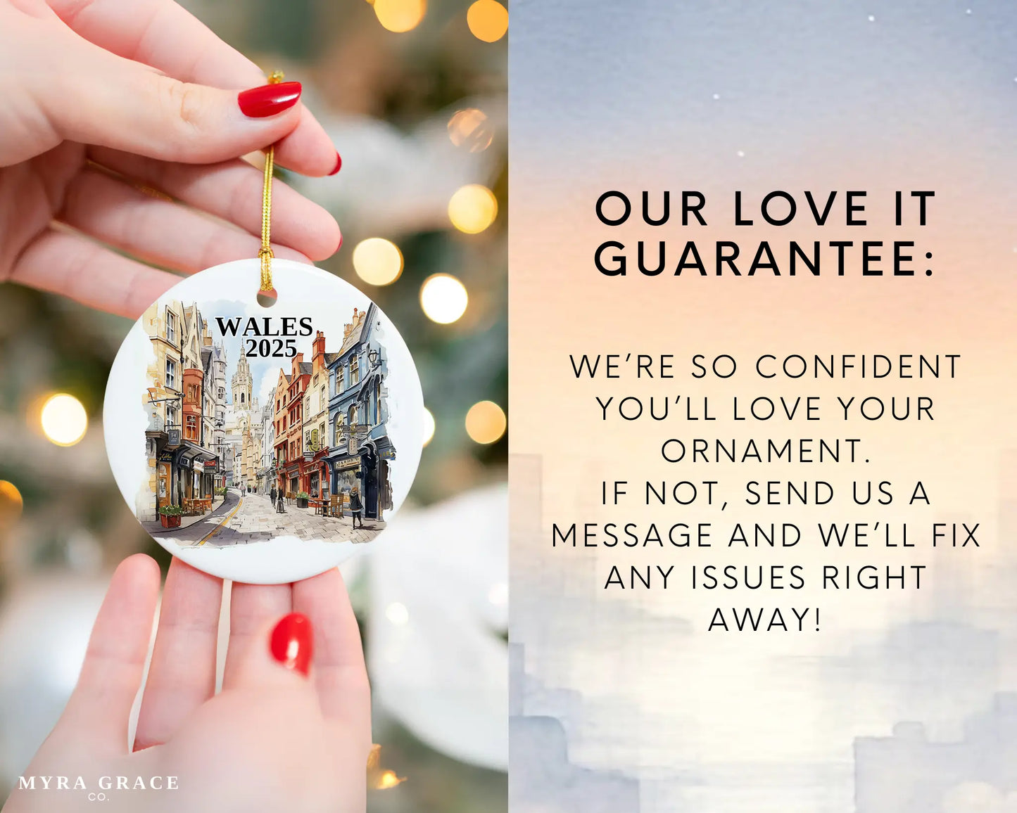 Custom Wales ceramic photo ornament with personalized message – handmade Christmas bauble, gift souvenir, or vacation keepsake. Love it guarantee