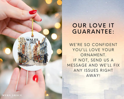 Custom Wales ceramic photo ornament with personalized message – handmade Christmas bauble, gift souvenir, or vacation keepsake. Love it guarantee