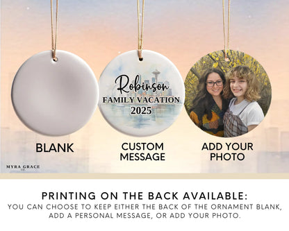 Custom vacation Seattle ceramic photo ornament with personalized message – handmade Christmas bauble, gift souvenir, or vacation keepsake. Add your photo