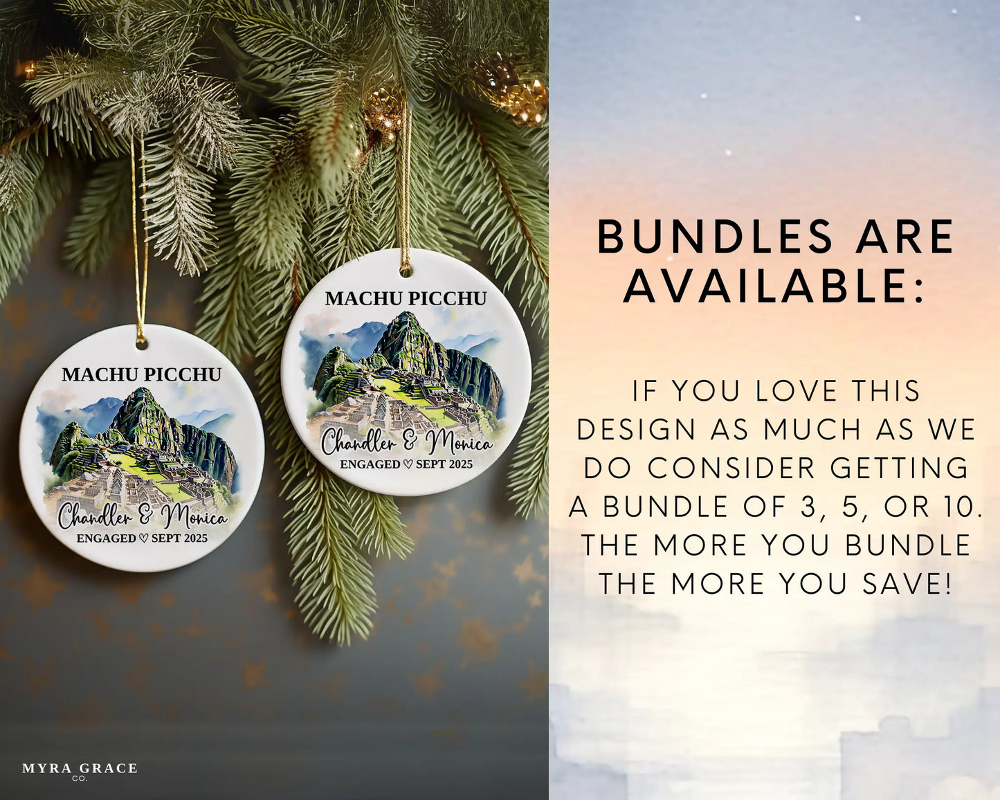 Machu Picchu Engagement Ornament Custom Gift Souvenir Bauble Present. Bundles are available