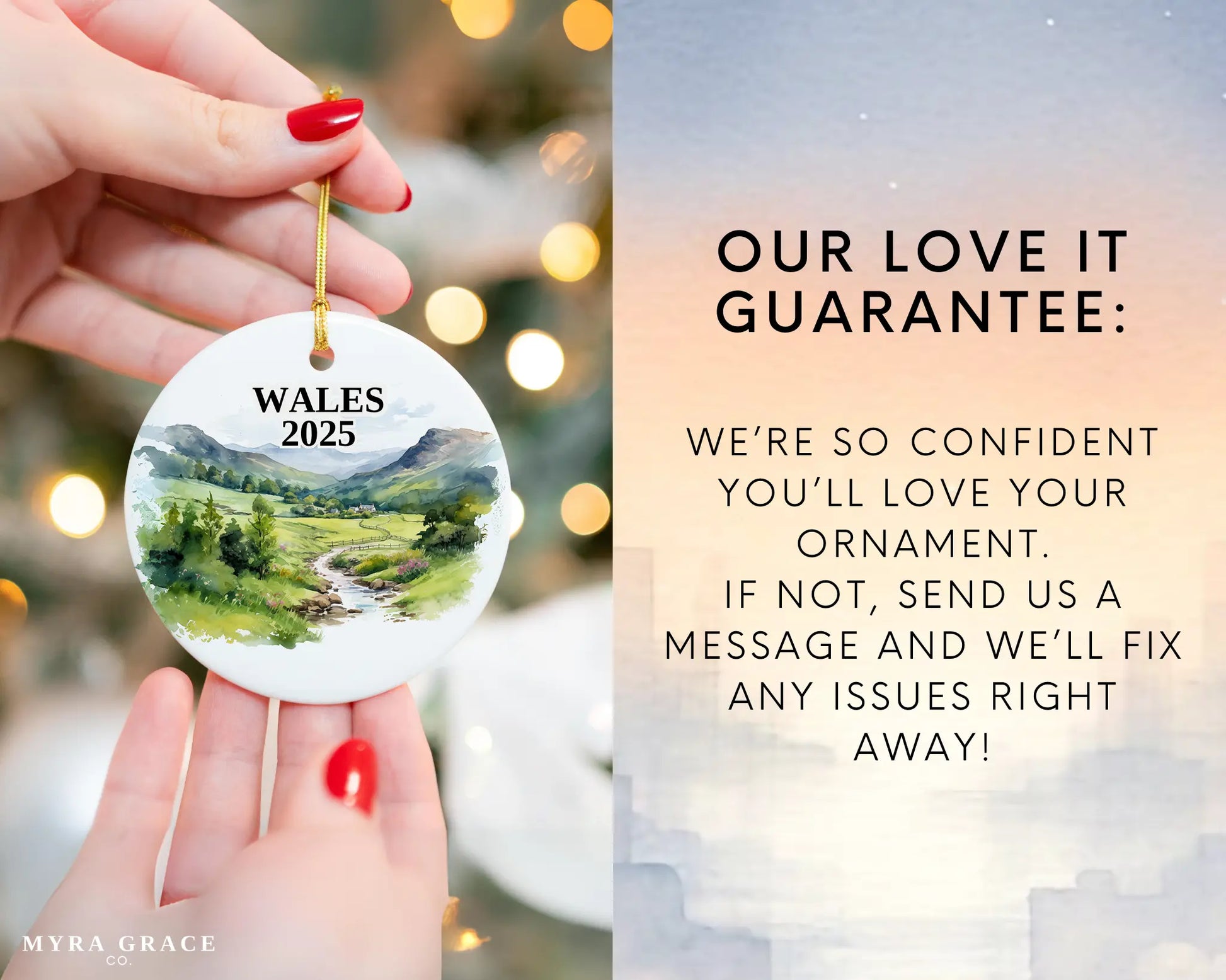 Custom Wales Cymru ceramic photo ornament with personalized message – handmade Christmas bauble, gift souvenir, or vacation keepsake. 
