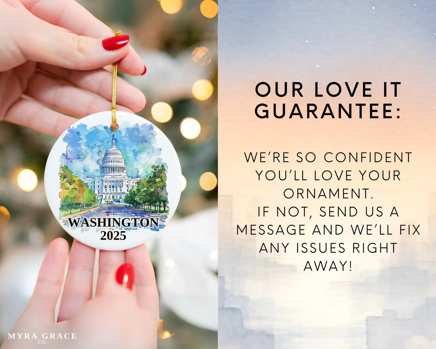 Custom Washington DC ceramic photo ornament with personalized message – handmade Christmas bauble, gift souvenir, or vacation keepsake. Love it guarantee
