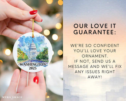 Custom Washington DC ceramic photo ornament with personalized message – handmade Christmas bauble, gift souvenir, or vacation keepsake. Love it guarantee
