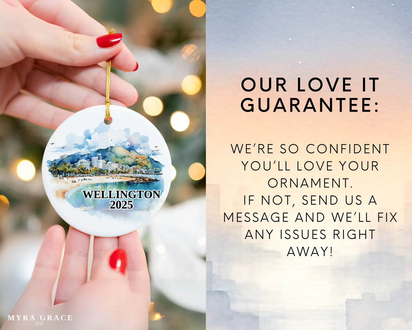 Custom Wellington New Zealand ceramic photo ornament with personalized message – handmade Christmas bauble, gift souvenir, or vacation keepsake. Love it guarantee