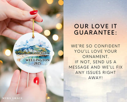Custom Wellington New Zealand ceramic photo ornament with personalized message – handmade Christmas bauble, gift souvenir, or vacation keepsake. Love it guarantee