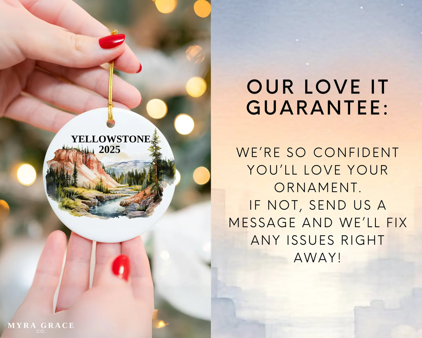 Custom Yellowstone National Park ceramic photo ornament with personalized message – handmade Christmas bauble, gift souvenir, or vacation keepsake. 