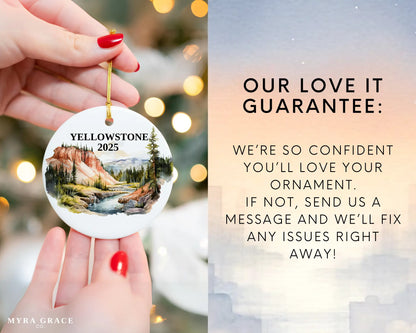 Custom Yellowstone National Park ceramic photo ornament with personalized message – handmade Christmas bauble, gift souvenir, or vacation keepsake. 