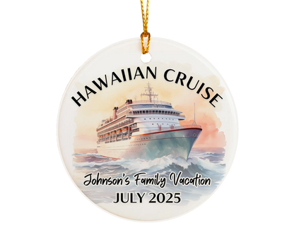 Handmade ceramic Hawaii cruise ornament with personalized location and photo – custom Christmas bauble or cruise vacation souvenir.