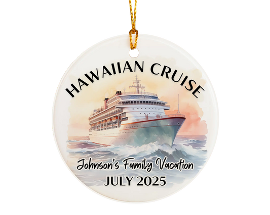 Handmade ceramic Hawaii cruise ornament with personalized location and photo – custom Christmas bauble or cruise vacation souvenir.
