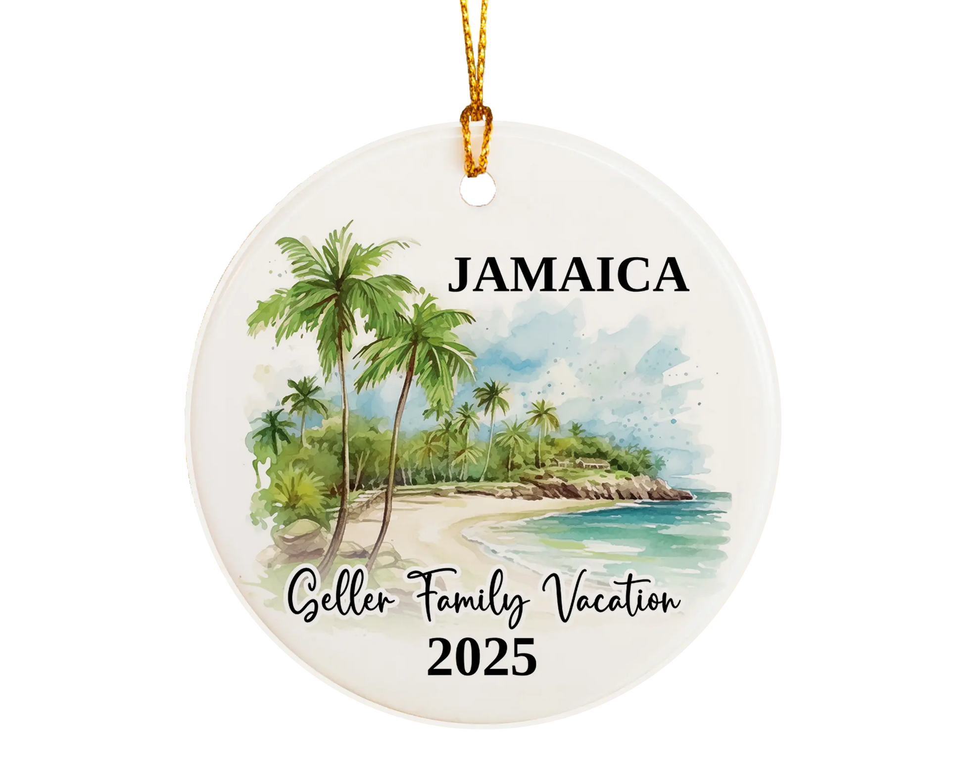 Custom vacation Jamaica ceramic photo ornament with personalized message – handmade Christmas bauble, gift souvenir, or vacation keepsake. 