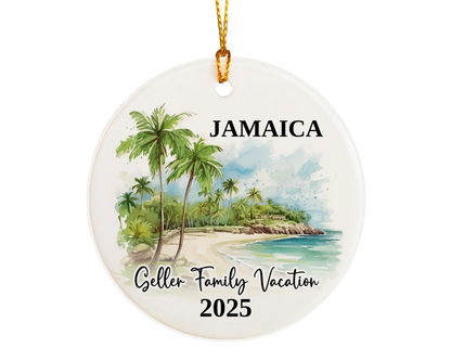 Custom vacation Jamaica ceramic photo ornament with personalized message – handmade Christmas bauble, gift souvenir, or vacation keepsake. 