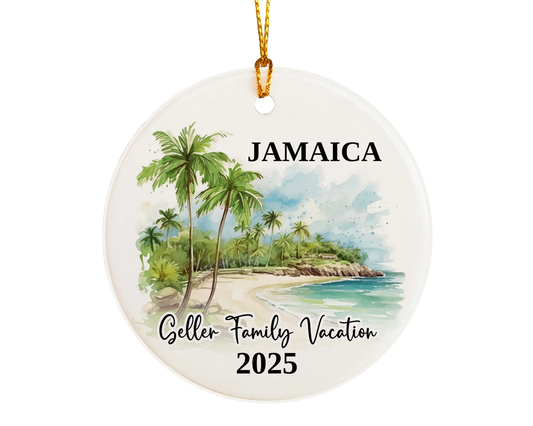 Custom vacation Jamaica ceramic photo ornament with personalized message – handmade Christmas bauble, gift souvenir, or vacation keepsake. 