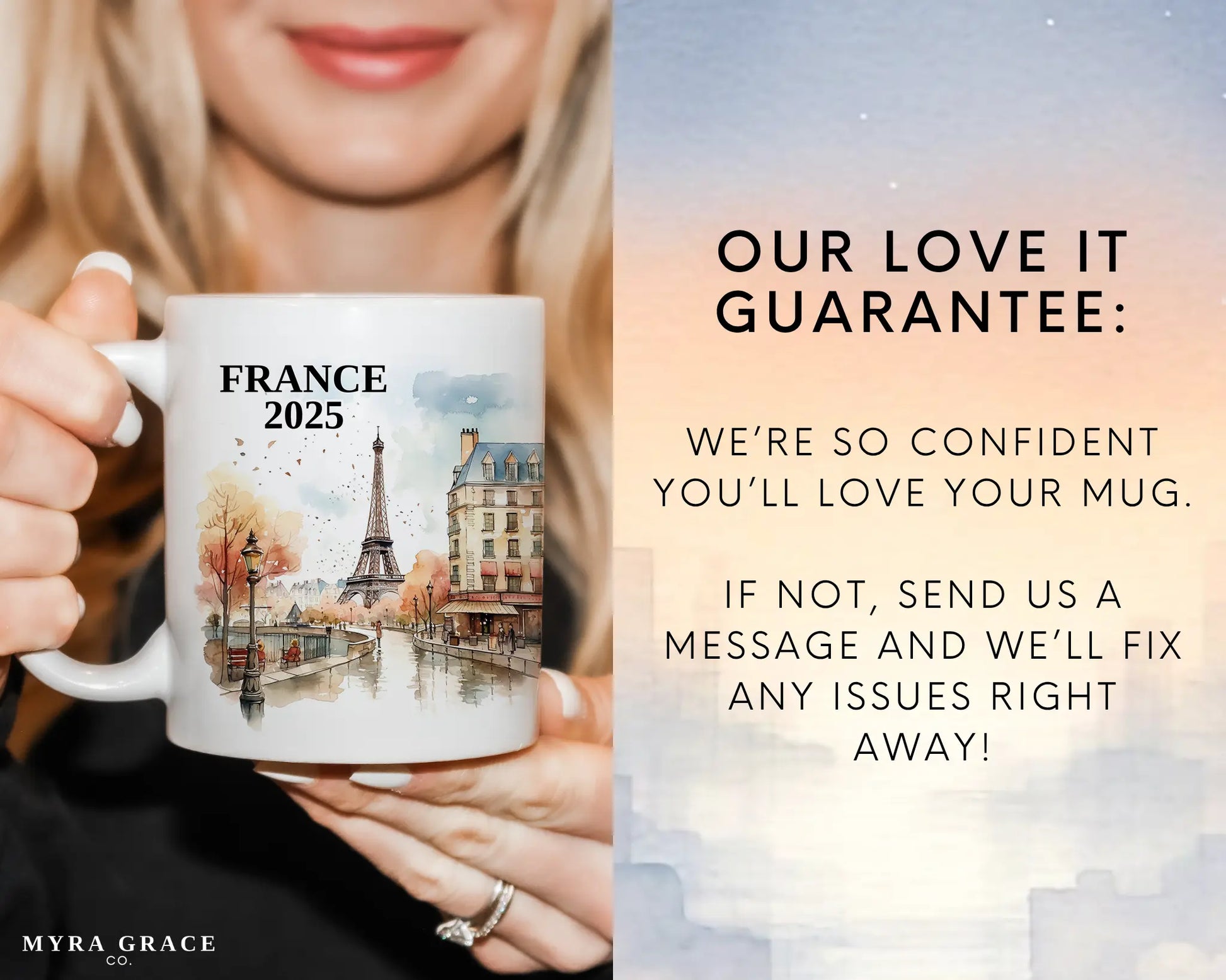 Custom ceramic France vacation mug with watercolor location design, date, and personal photo – personalized travel gift or photo mug. Love it guarantee