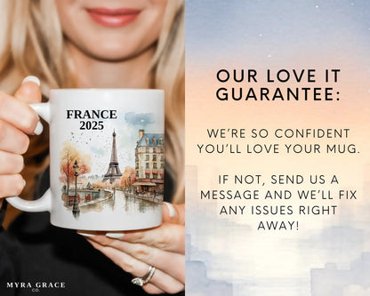 Custom ceramic France vacation mug with watercolor location design, date, and personal photo – personalized travel gift or photo mug. Love it guarantee