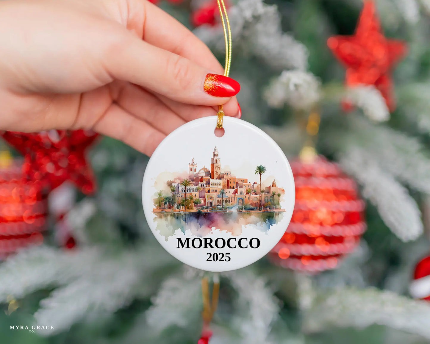 Custom Morocco ceramic photo ornament with personalized message – handmade Christmas bauble, gift souvenir, or vacation keepsake.  