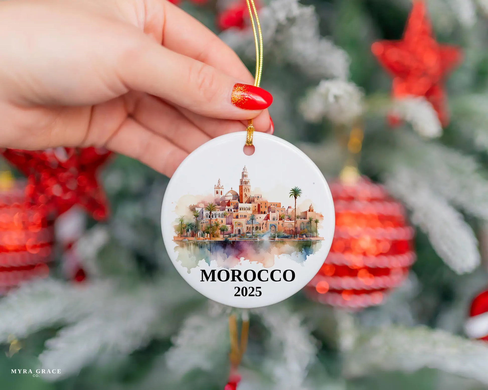 Custom Morocco ceramic photo ornament with personalized message – handmade Christmas bauble, gift souvenir, or vacation keepsake.  