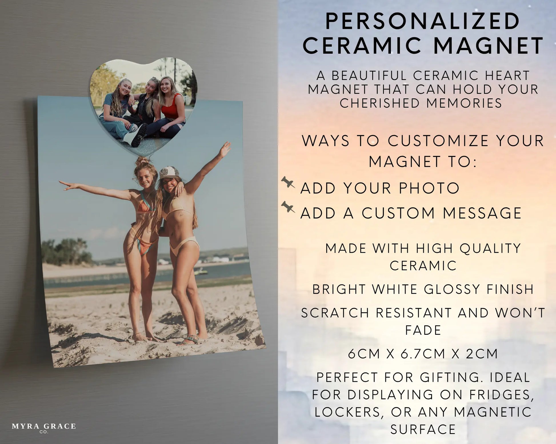 Heart-shaped custom friendship ceramic photo magnet on fridge – handmade personalized gift or Christmas fridge magnet. Infographic