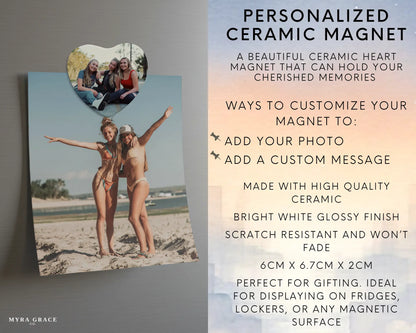 Heart-shaped custom friendship ceramic photo magnet on fridge – handmade personalized gift or Christmas fridge magnet. Infographic