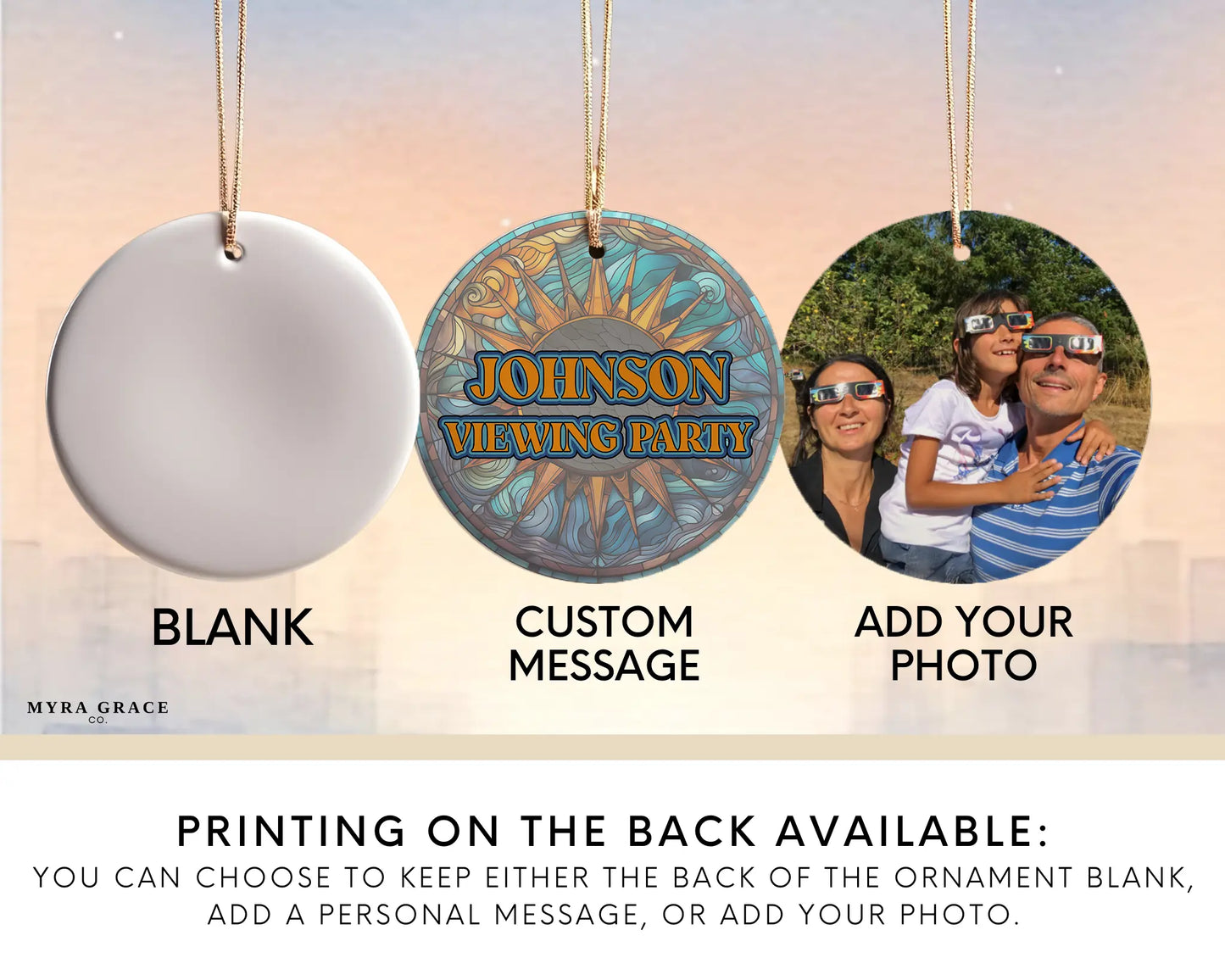 Ceramic solar eclipse 2024 ornament with celestial design – space-themed gift or keepsake. Add your photo