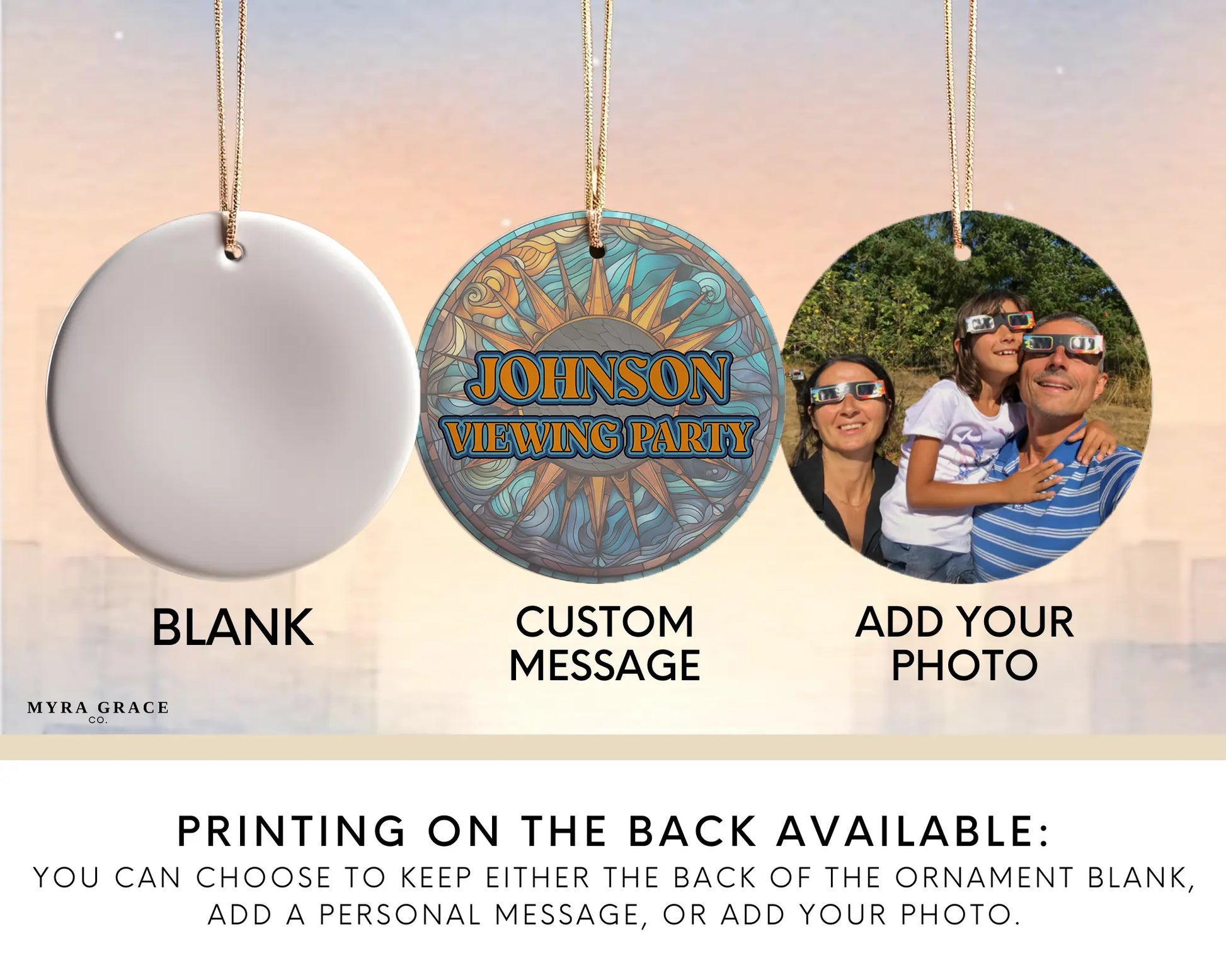 Ceramic solar eclipse 2024 ornament with celestial design – space-themed gift or keepsake. Add your photo