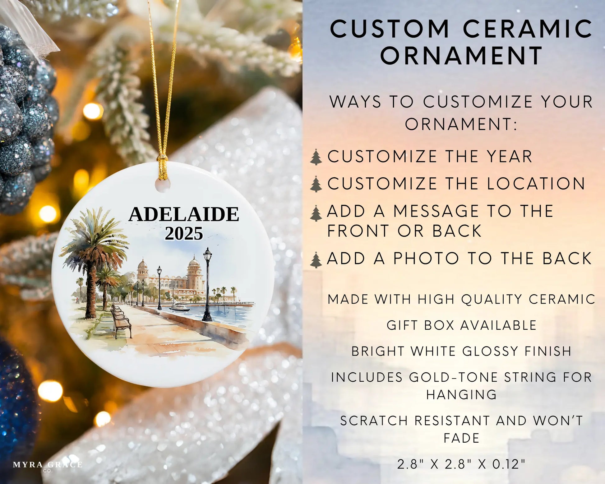Adelaide Australia Custom ceramic photo ornament with personalized message – handmade Christmas bauble, gift souvenir, or vacation keepsake. Infographic