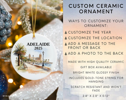 Adelaide Australia Custom ceramic photo ornament with personalized message – handmade Christmas bauble, gift souvenir, or vacation keepsake. Infographic