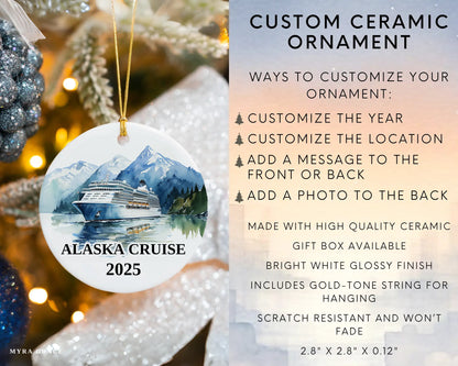 Custom Alaska ceramic photo ornament with personalized message – handmade Christmas bauble, gift souvenir, or vacation keepsake. Infographic