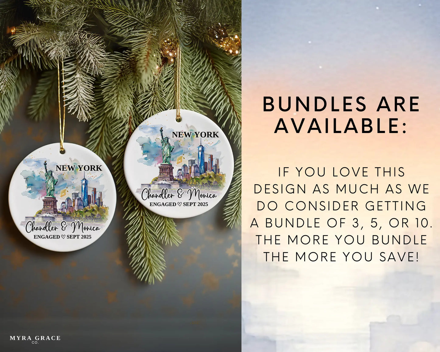 New York Engagement Ornament Custom Gift Souvenir Bauble Present. Bundles are available