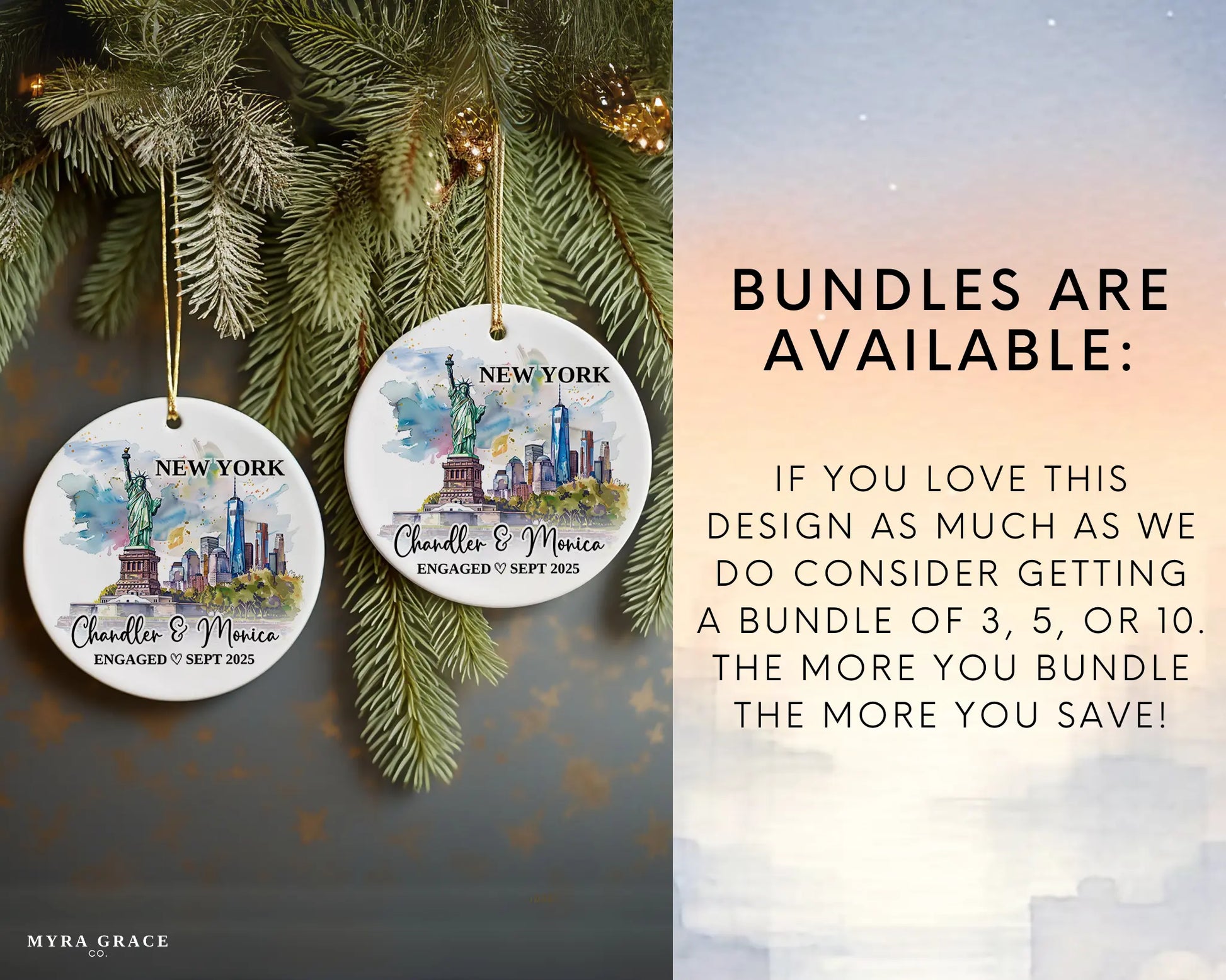 New York Engagement Ornament Custom Gift Souvenir Bauble Present. Bundles are available