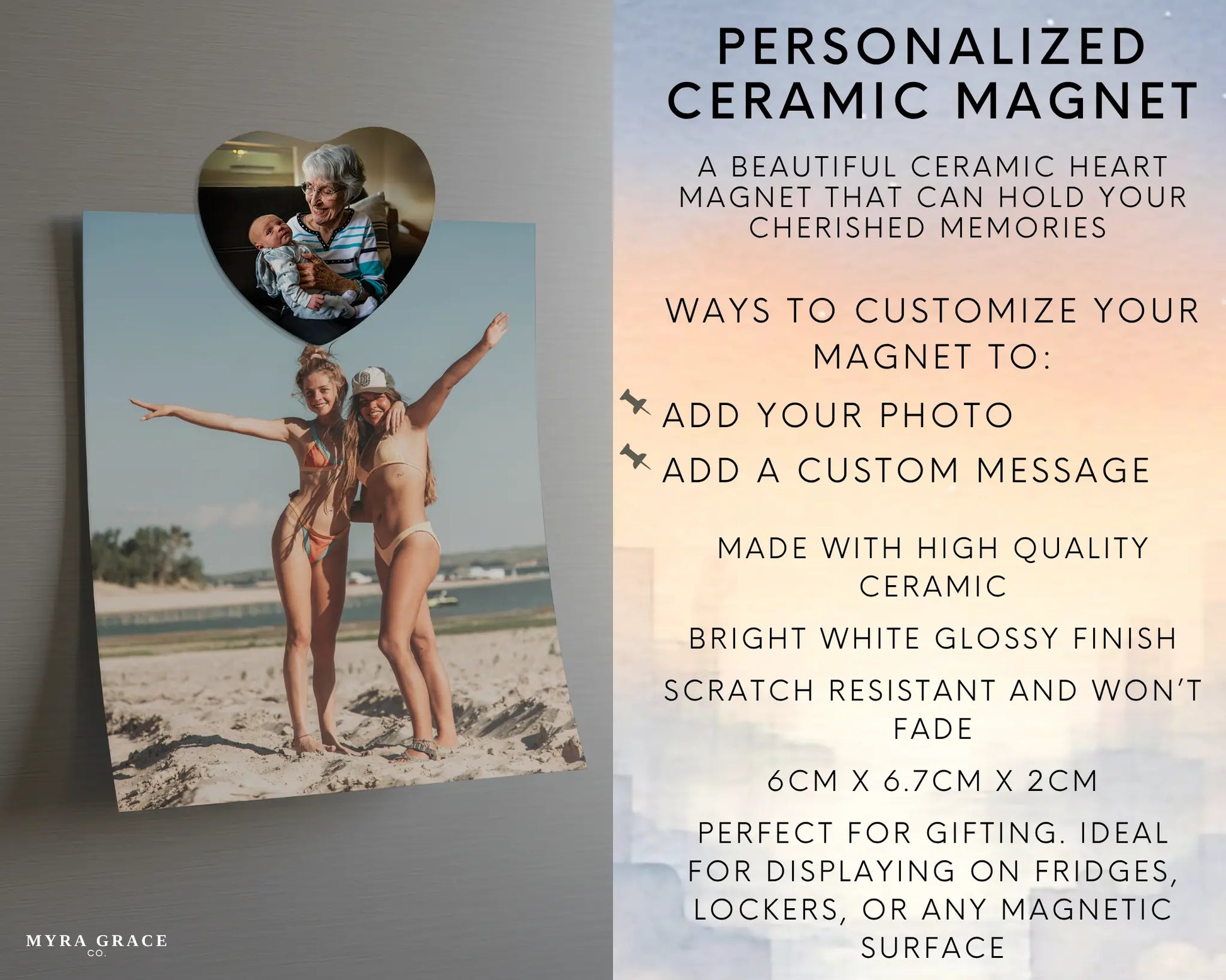 Heart-shaped custom grandma ceramic photo magnet on fridge – handmade personalized gift or Christmas fridge magnet. Infographic