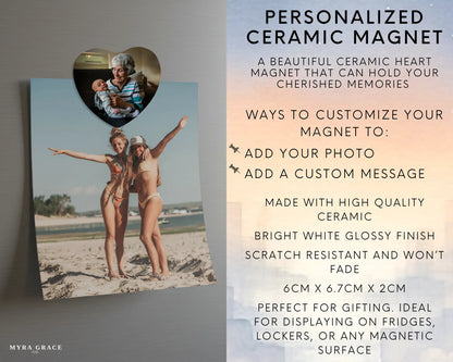 Heart-shaped custom grandma ceramic photo magnet on fridge – handmade personalized gift or Christmas fridge magnet. Infographic