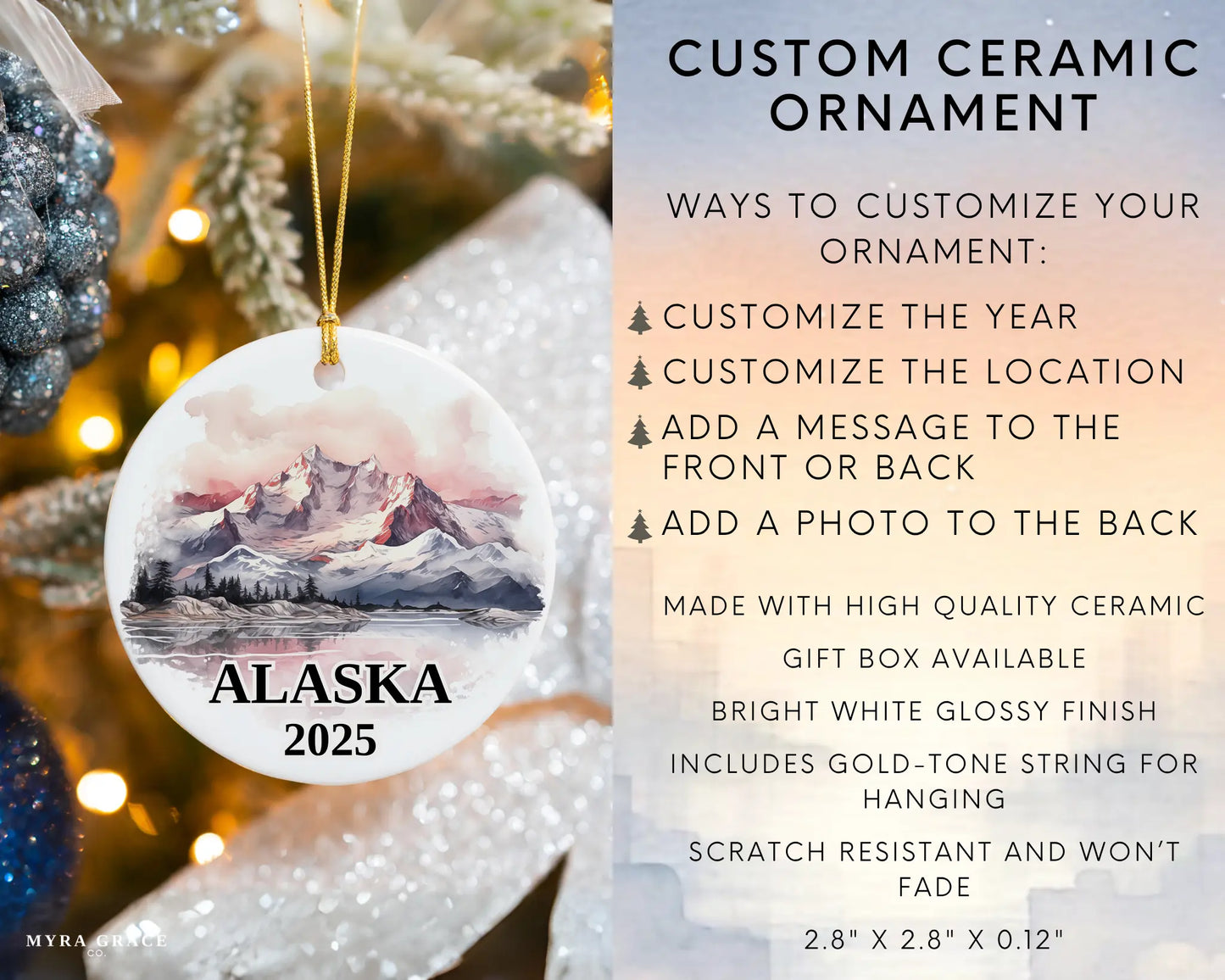 Custom Alaska ceramic photo ornament with personalized message – handmade Christmas bauble, gift souvenir, or vacation keepsake. Infographic