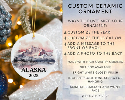 Custom Alaska ceramic photo ornament with personalized message – handmade Christmas bauble, gift souvenir, or vacation keepsake. Infographic