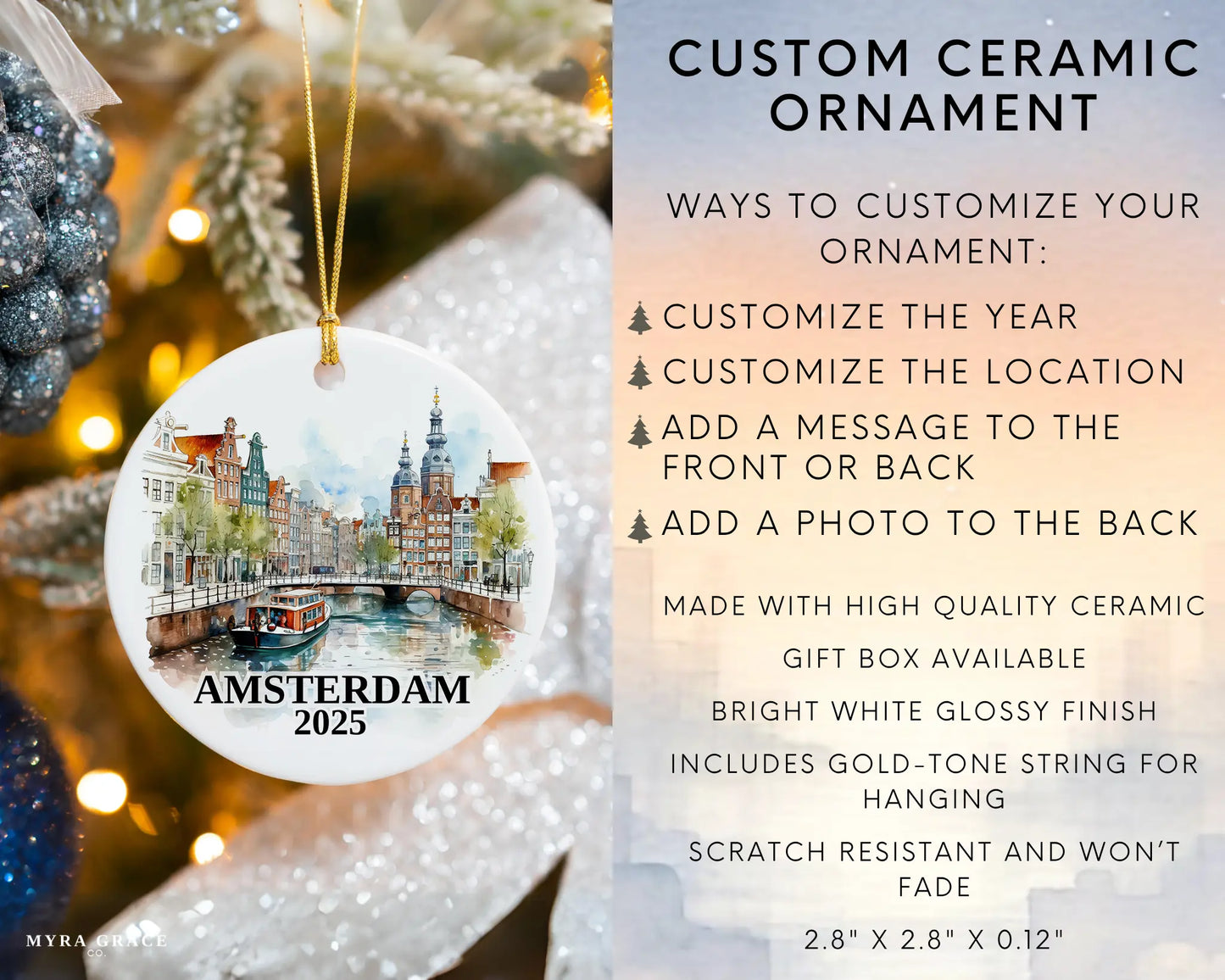 Custom Amsterdam, Netherlands ceramic photo ornament with personalized message – handmade Christmas bauble, gift souvenir, or vacation keepsake. Infographic