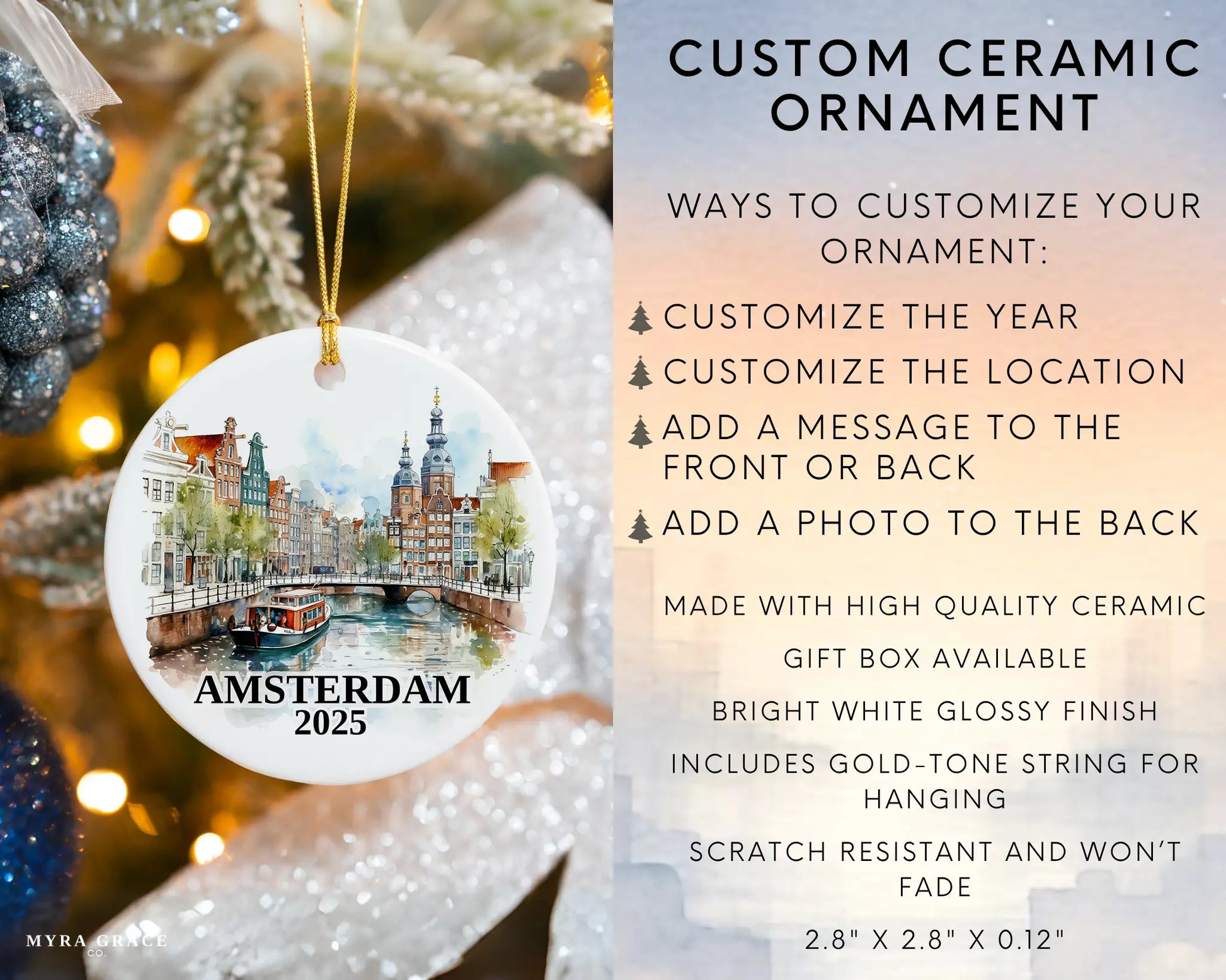 Custom Amsterdam, Netherlands ceramic photo ornament with personalized message – handmade Christmas bauble, gift souvenir, or vacation keepsake. Infographic