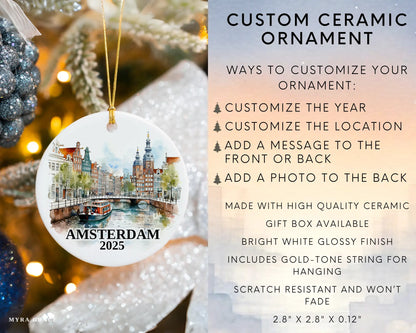 Custom Amsterdam, Netherlands ceramic photo ornament with personalized message – handmade Christmas bauble, gift souvenir, or vacation keepsake. Infographic