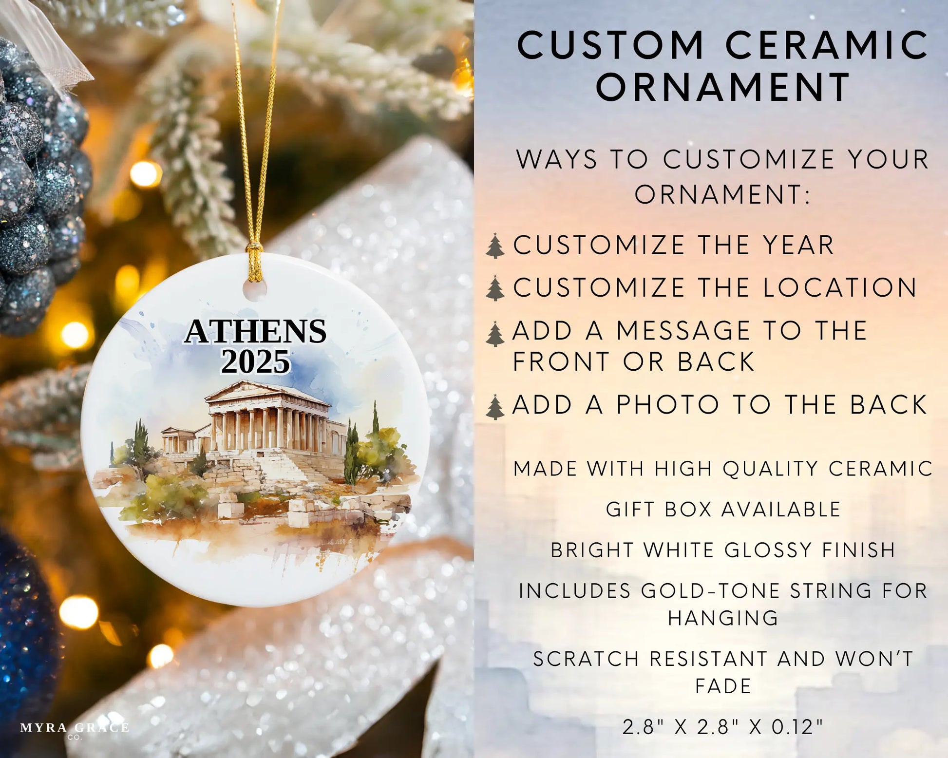 Custom Athens, Greece ceramic photo ornament with personalized message – handmade Christmas bauble, gift souvenir, or vacation keepsake. Infographic